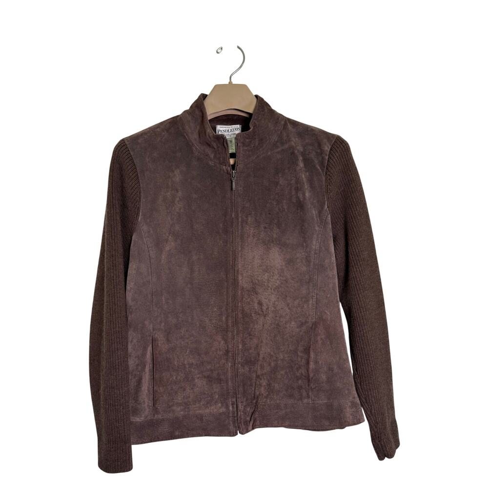 Pendleton Brown Leather Wool Zip Up Jacket Women’s Size LARGE PETITE Vintage